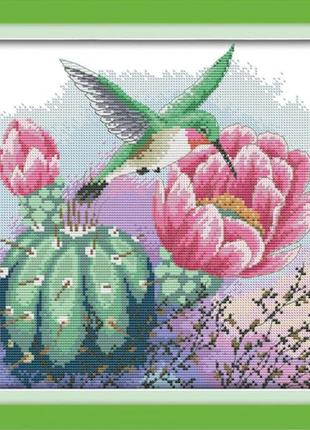 Набор для вышивания по нанесённой на канву схеме "flowers and hummingbird". aida 14ct printed 44*32 см