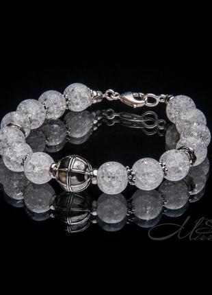 Браслет из горного (снежного) хрусталя и гладкого серебряного шара