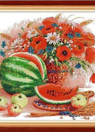 Набор для вышивания по нанесённой на канву схеме "pink rose in porcelain jar". aida 14ct printed 57*48 см