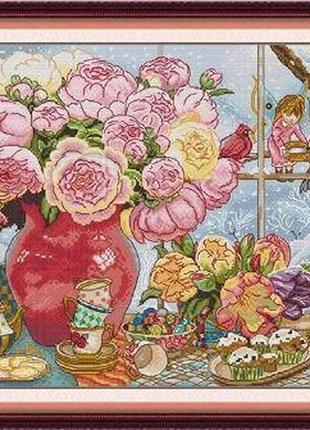 Набір для вишивання за нанесеною на канву схемою "peonies and elves". aida 14ct printed, 57*38 см