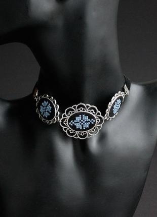 Блакитний комплект сережки кольє агат срібні застібки українські прикраси під вишиванку4 фото