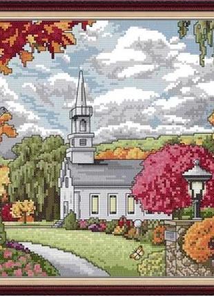 Набор для вышивания по нанесённой на канву схеме "manor in autumn". aida 14ct printed, 38*30 см