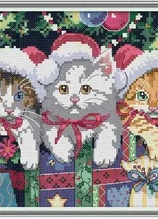 Набор для вышивания по нанесённой на канву схеме "christmas cat ". aida 14ct printed, 30*21 см