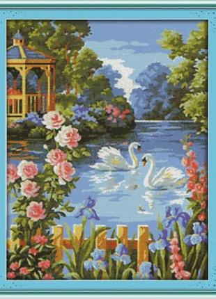Набір для вишивання за нанесеною на канву схемою "swan lake 3". aida 14ct printed, 48*60 см