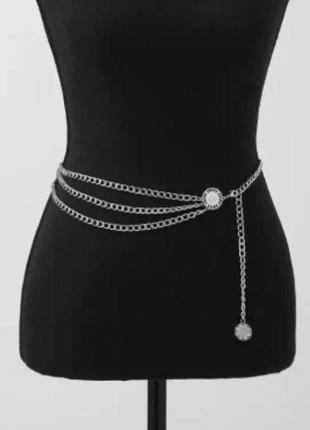 Пояс цепочка многослойная на талию металлический серебряный модный новый