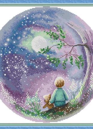 Набор для вышивания по нанесённой на канву схеме "looking up at the moon". aida 14ct printed 34*34 см