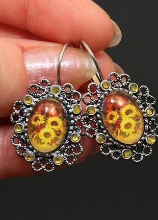 Сережки зі скляною лінзою "соняшники"