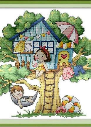 Набор для вышивания крестиком по нанесённой на канву схеме"summer tree house". aida 14ct printed, 27*27 см