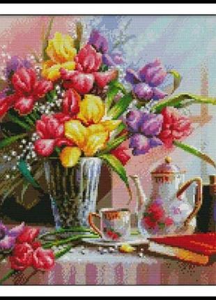 Набір для вишивання за нанесеною на канву схемою "beautiful flowers 2". aida 14ct printed 46*42 см