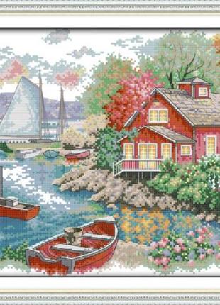 Набор для вышивания по нанесённой на канву схеме "lake house". aida 14ct printed 44*33 см