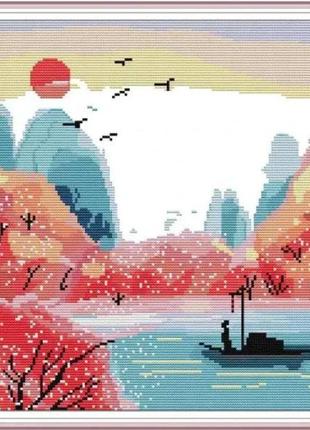 Набір для вишивання за нанесеною на канву схемою "riverside sunset" aida 14ct printed, 35*36 см