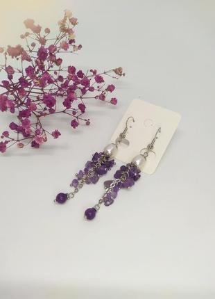 Сережки китиці з аметистом і прісноводними перлами1 фото