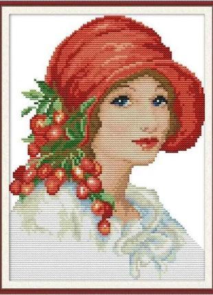 Набір для вишивання за нанесеною на канву схемою "woman wearing red hat". aida 14ct printed 22*30 см
