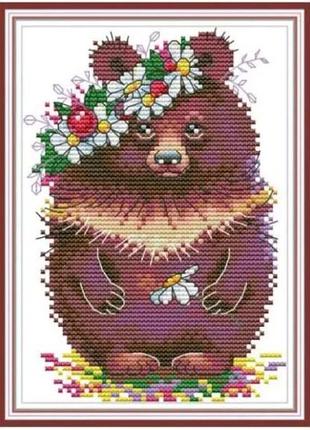 Набір для вишивання за нанесеною на канву схемою "bear with flowers". aida 14ct printed, 16*20 см
