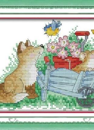 Набор для вышивания по нанесённой на канву схеме "the dogs and butterfly". aida 14ct printed, 20*16 см