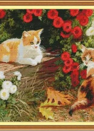 Набір для вишивання за нанесеною на канву схемою "kitten in the garden". aida 14ct printed , 57*47 см