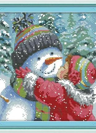 Набор для вышивания крестиком по нанесённой на канву схеме "kiss the snowman" . aida 14ct printed, 27*27 см