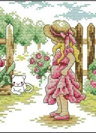 Набір для вишивання за нанесеною на канву схемою "the girl seeing a cat". aida 14ct printed, 26*21см