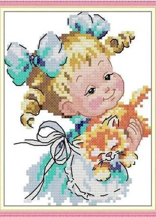Набор для вышивания по нанесённой на канву схеме "girl and kitten". aida 14ct printed 15*18 см