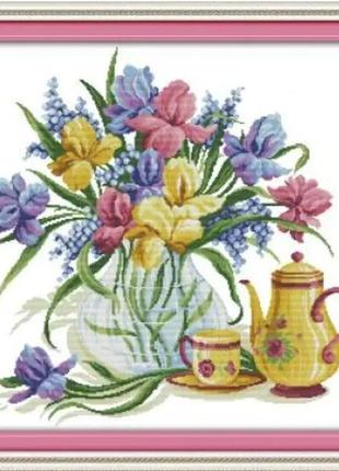 Набор для вышивания по нанесённой на канву схеме "flowers and kettle". aida 14ct printed 58*58 см
