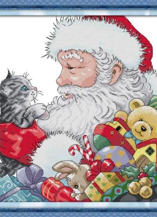 Набор для вышивания по нанесённой на канву схеме " santa and kitten ". aida 14ct printed, 41*41 см