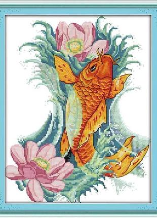 Набор для вышивания по нанесённой на канву схеме "carp and flowers" .aida 14ct printed, 29*35 см
