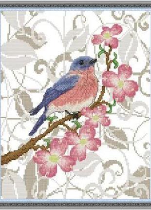 Набор для вышивания по нанесённой на канву схеме "three birds on branches 3 ". aida 14ct printed 28*33 см