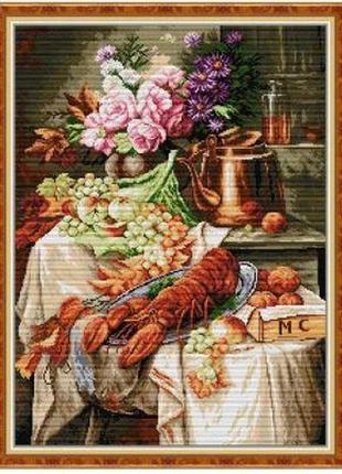 Набір для вишивання за нанесеною на канву схемою "flowers fruit lobster". aida 14ct printed 44*57 см