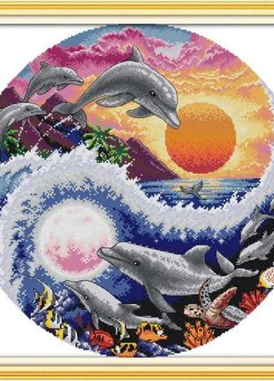 Набор для вышивания по нанесённой на канву схеме "sun,moon and dolphins". aida 14ct printed, 48*48см