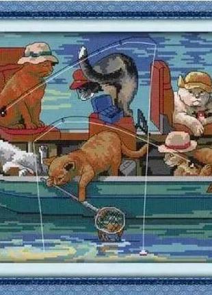 Набір для вишивання за нанесеною на канву схемою "the fishing cats". aida 14ct printed, 49*30 см