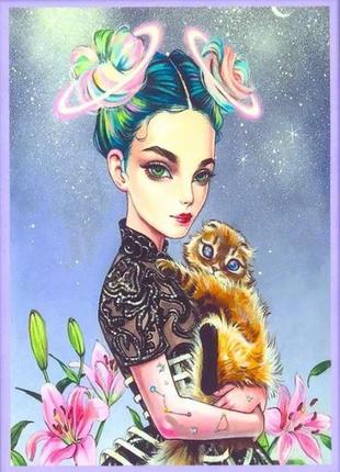 Набор для вышивания по нанесённой на канву схеме "girl with a cat". aida 11ct printed, 30*40 см