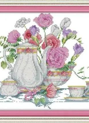 Набор для вышивания по нанесённой на канву схеме "pink rose table". aida 14ct printed 43*31 см