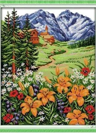 Набор для вышивания по нанесённой на канву схеме "snow mountain in spring". aida 14ct printed, 45*53 см