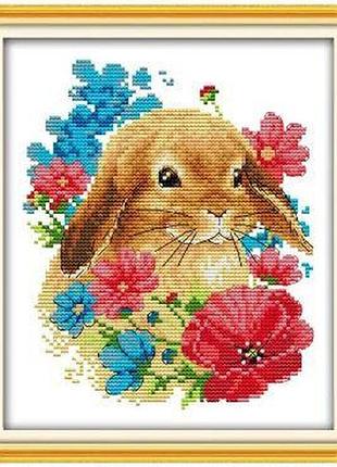 Набір для вишивання за нанесеною на канву схемою "rabbit among flowers". aida 14ct printed 21*26 см