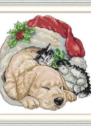 Набор для вышивания по нанесённой на канву схеме "christmas cat and dog ". aida 14ct printed, 25*25 см
