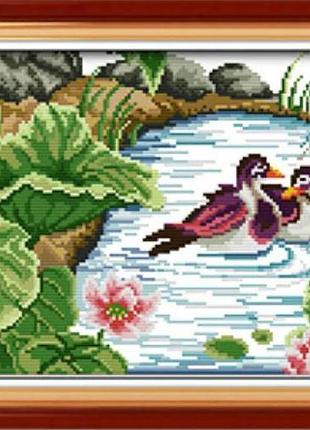 Набор для вышивания по нанесённой на канву схеме "mandarin duck in the lotus pond". aida 14ct printed 37*27 см