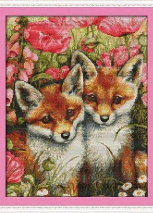Набір для вишивання за нанесеною на канву схемою "two little foxes". aida 14ct printed, 35*44 см