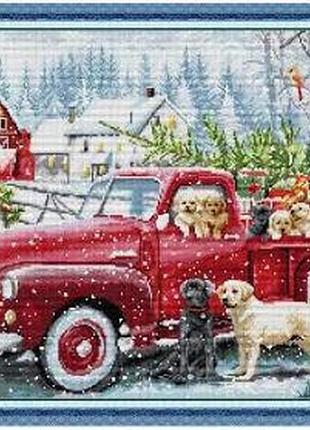 Набор для вышивания по нанесённой на канву схеме "christmas express car". aida 14ct printed, 62*44 см
