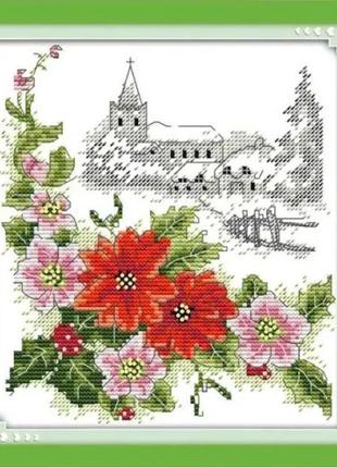 Набір для вишивання за нанесеною на канву схемою "winter poinsettias". aida 14ct printed, 21*22см