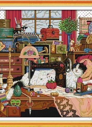 Набор для вышивания по нанесённой на канву схеме "the cat and sewing m". aida 14ct printed, 54*48 см