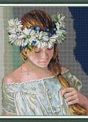 Набор для вышивания по нанесённой на канву схеме "girl with wreath". aida 14ct printed 38*38 см