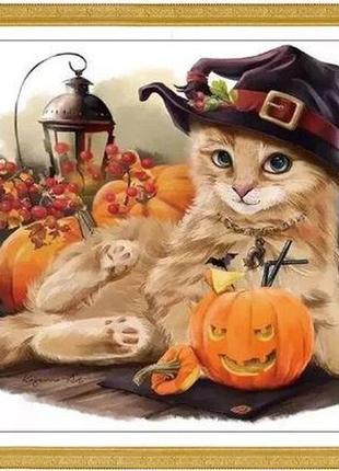 Набір для вишивання  "cat in a hat and pumpkin". aida 14ct, 34*31 см. без нанесення на канву схеми.