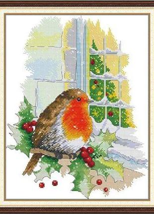 Набор для вышивания по нанесённой на канву схем "christmas redbird at the window". aida 14ct printed, 33*41 см