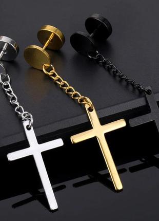 Чорні сережки хрестики у стилі панк рок хіп хоп гот кульчики хрест унісекс на ланцюжку9 фото