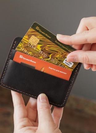 Кожаный картхолдер, мини кошелек для карточек из натуральной кожи шоколад2 фото