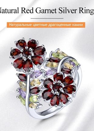 Срібна каблучка,кільце 925 проби з натуральними топазами,гранатом,цитрином,аметистом та перідотом
