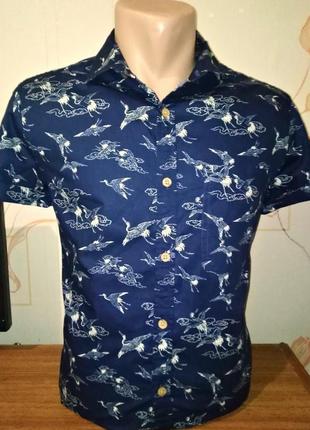 Стильная рубашка синего цвета в журавлиный принт cedarwood pan made in india, 💯 оригинал