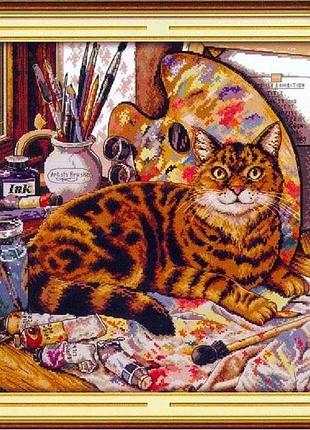 Набір для вишивання за нанесеною на канву схемою "cat and oil painting".aida 14ct printed,54*48см