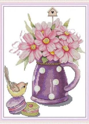 Набор для вышивания по нанесённой на канву схеме "bird and vase ".aida 14ct printed , 28*35 см