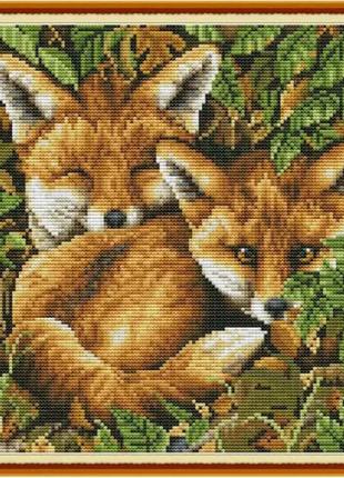 Набор для вышивания по нанесённой на канву схеме "two fox 2".aida 14ct printed , 31*31 см